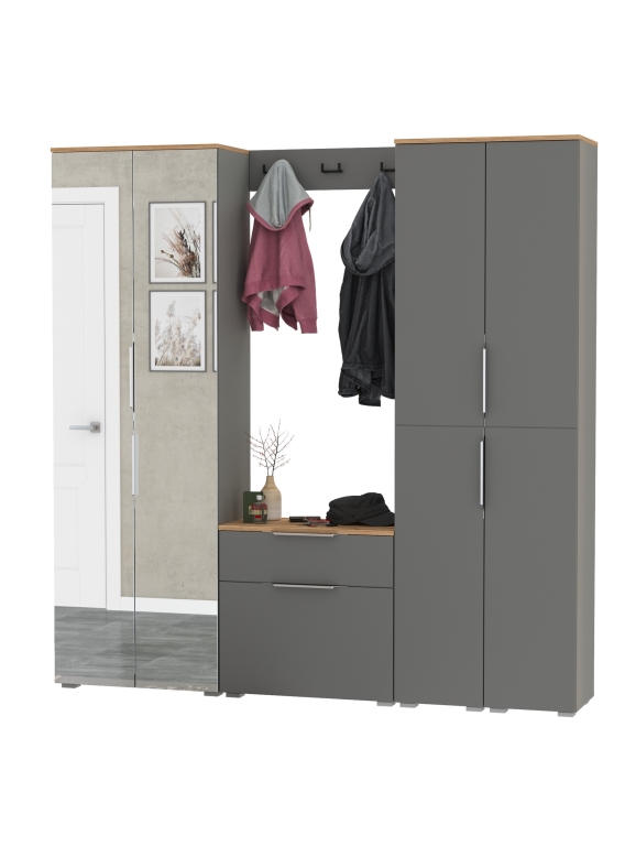 Октава Прихожая 30, цвет серый графит/дуб крафт золотой/фасады МДФ серый графит, ШхГхВ 193,7х35,4х197,6 см., универсальная сборка