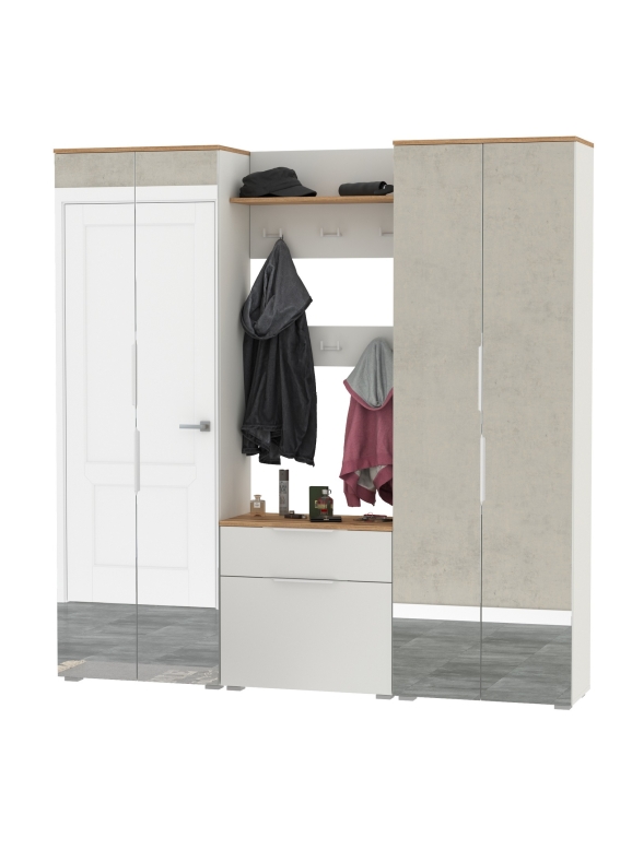 Октава Прихожая 27, цвет белый шагрень/дуб крафт золотой/фасады МДФ белый шагрень, ШхГхВ 193,7х35,4х197,6 см., универсальная сборка