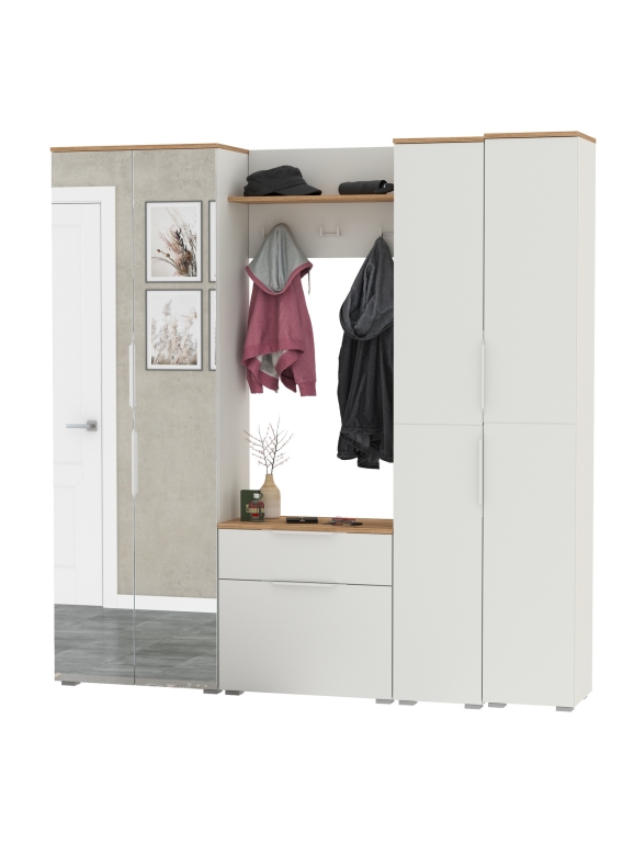 Октава Прихожая 29, цвет белый шагрень/дуб крафт золотой/фасады МДФ белый шагрень, ШхГхВ 193,7х35,4х197,6 см., универсальная сборка