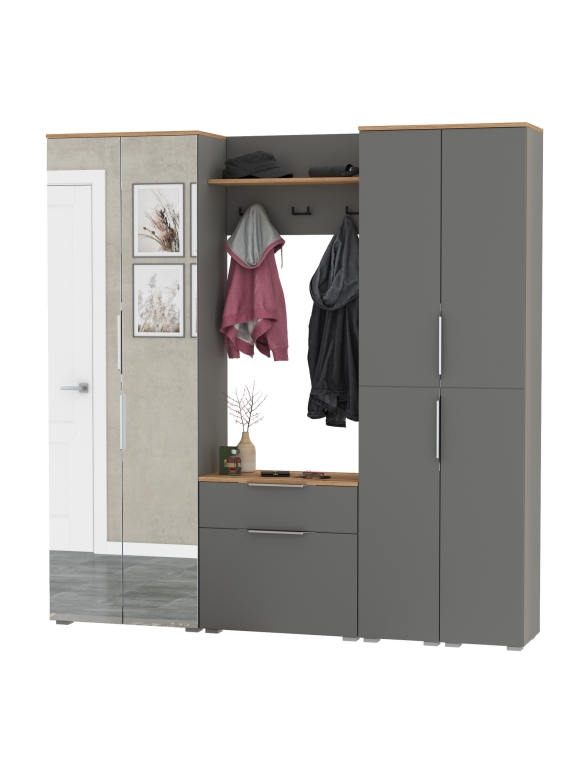 Октава Прихожая 29, цвет серый графит/дуб крафт золотой/фасады МДФ серый графит, ШхГхВ 193,7х35,4х197,6 см., универсальная сборка