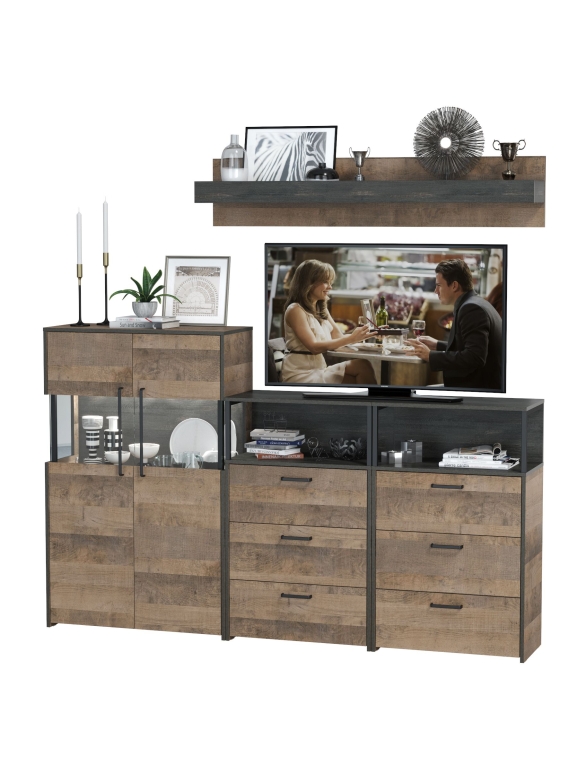 КР100 Трувор Гостиная 009, цвет дуб гранж песочный/интра, ШхГхВ 217,8х37х195 см., универсальная сборка, есть светодиодная подсветка