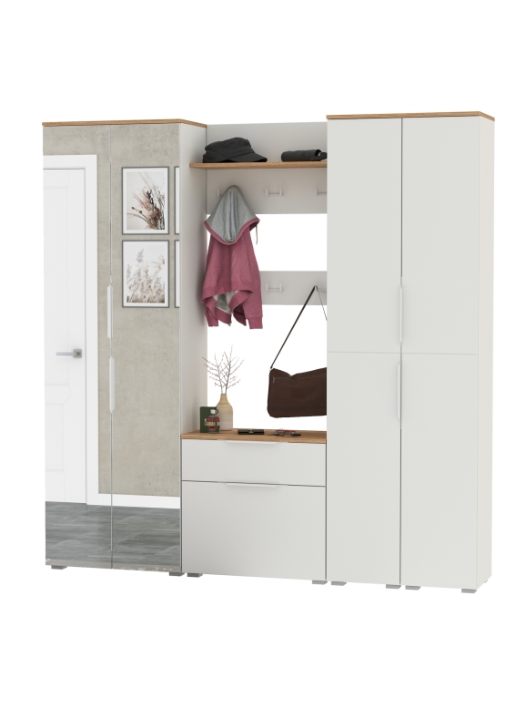 Октава Прихожая 31, цвет белый шагрень/дуб крафт золотой/фасады МДФ белый шагрень, ШхГхВ 193,7х35,4х197,6 см., универсальная сборка