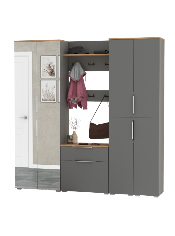 Октава Прихожая 31, цвет серый графит/дуб крафт золотой/фасады МДФ серый графит, ШхГхВ 193,7х35,4х197,6 см., универсальная сборка
