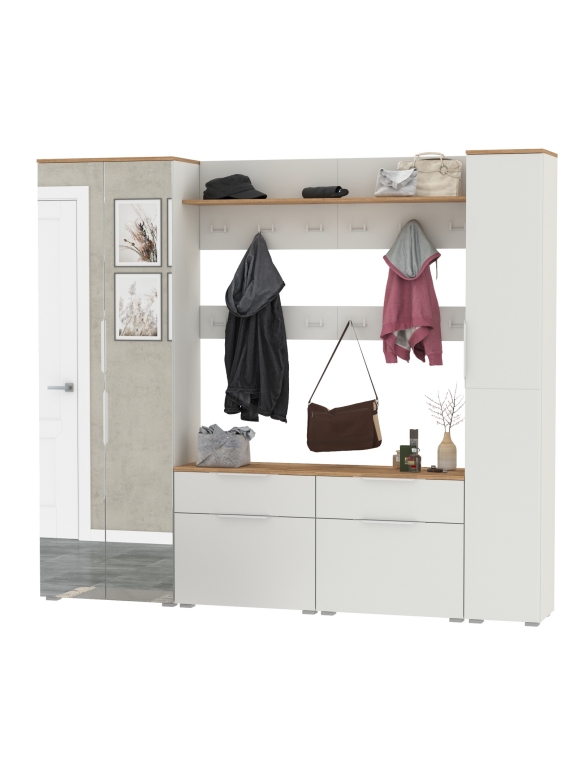 Октава Прихожая 33, цвет белый шагрень/дуб крафт золотой/фасады МДФ белый шагрень, ШхГхВ 226,4х35,4х197,6 см., универсальная сборка