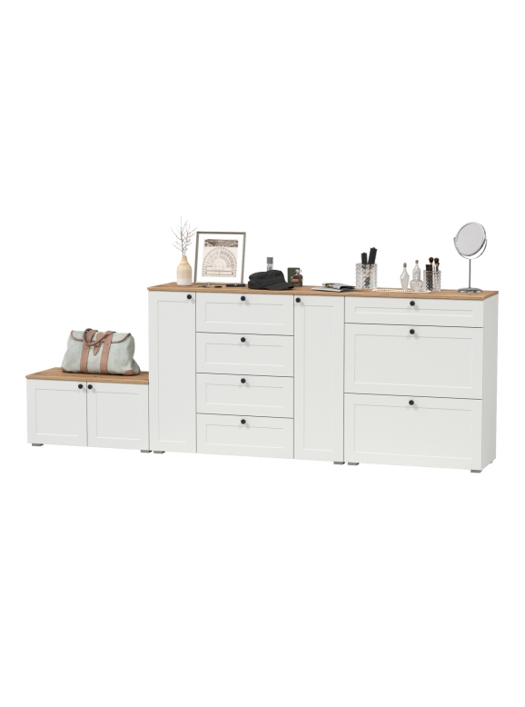 Остин 16.221 Комод + 16.121 Тумба для обуви + 13.257 Тумба, цвет белый шагрень/дуб крафт золотой, ШхГхВ 280х41,9х99,3 см.