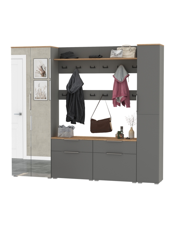 Октава Прихожая 33, цвет серый графит/дуб крафт золотой/фасады МДФ серый графит, ШхГхВ 226,4х35,4х197,6 см., универсальная сборка