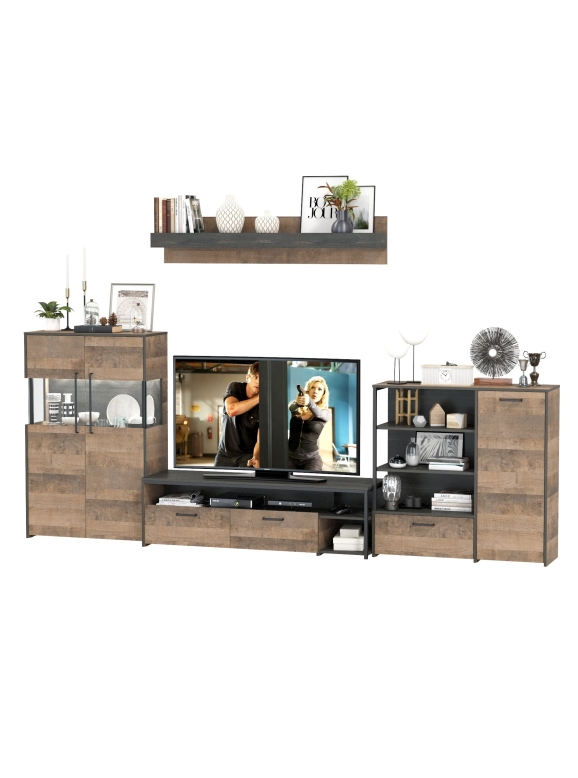 КР100 Трувор Гостиная 053, цвет дуб гранж песочный/интра, ШхГхВ 344,6х45,4х195 см., универсальная сборка