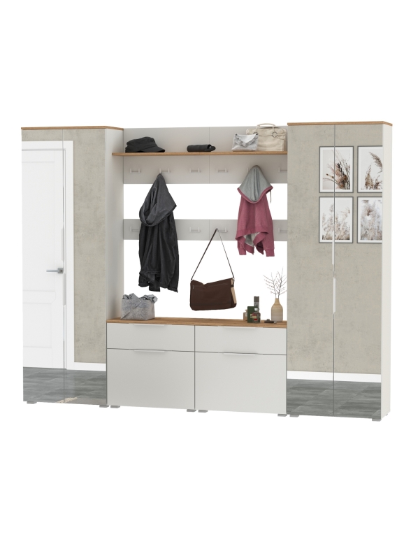 Октава Прихожая 36, цвет белый шагрень/дуб крафт золотой/фасады МДФ белый шагрень, ШхГхВ 258,6х35,4х197,6 см., универсальная сборка