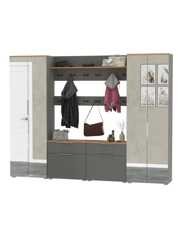 Октава Прихожая 36, цвет серый графит/дуб крафт золотой/фасады МДФ серый графит, ШхГхВ 258,6х35,4х197,6 см., универсальная сборка