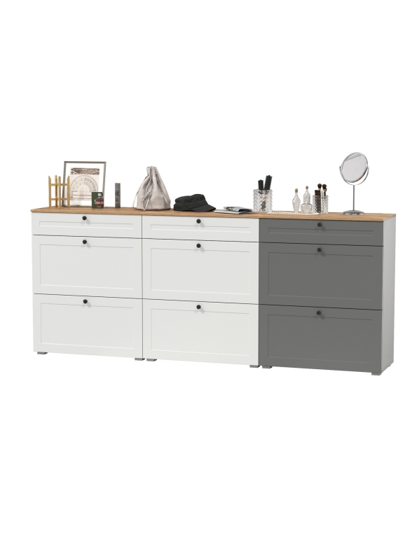 Остин 16.121 Тумба для обуви + 16.121 Тумба для обуви + 16.121 Тумба для обуви, цвет белый шагрень/дуб крафт золотой, ШхГхВ 240х41,6х99,3 см.