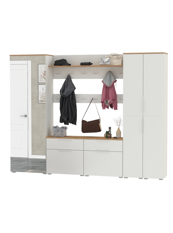 Октава Прихожая 37, цвет белый шагрень/дуб крафт золотой/фасады МДФ белый шагрень, ШхГхВ 258,6х35,4х197,6 см., универсальная сборка