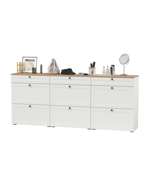 Остин 16.121 Тумба для обуви + 16.121 Тумба д/обуви + 16.121, цвет белый шагрень/серый графит/дуб крафт золотой, ШхГхВ 240х41,6х99,3 см, ун. сб.