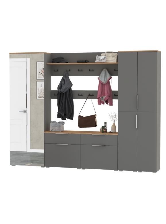 Октава Прихожая 37, цвет серый графит/дуб крафт золотой/фасады МДФ серый графит, ШхГхВ 258,6х35,4х197,6 см., универсальная сборка