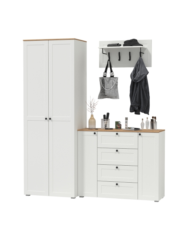 Остин Прихожая 15, цвет белый шагрень/дуб крафт золотой, ШхГхВ 200х54,3х229,6 см., универсальная сборка