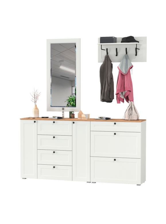 Остин Прихожая 56, цвет белый шагрень/дуб крафт золотой, ШхГхВ 200х54,3х210 см., универсальная сборка