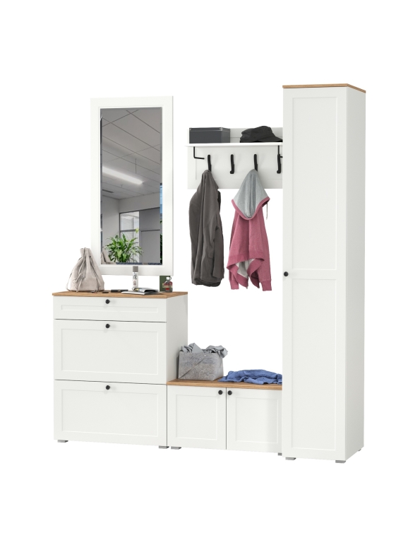 Остин Прихожая 45, цвет белый шагрень/дуб крафт золотой, ШхГхВ 200х54,3х229,6 см., универсальная сборка