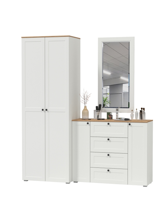 Остин Прихожая 14, цвет белый шагрень/дуб крафт золотой, ШхГхВ 200х54,3х229,6 см., универсальная сборка