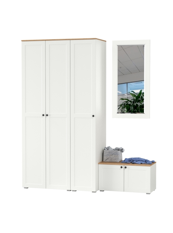 Остин Прихожая 42, цвет белый шагрень/дуб крафт золотой, ШхГхВ 200х54,3х229,6 см., универсальная сборка