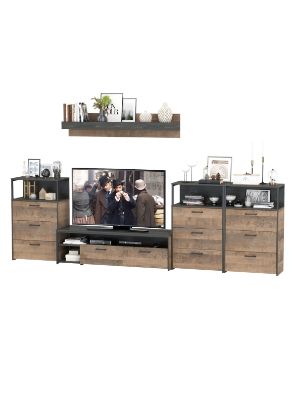 КР100 Трувор Гостиная 107, цвет дуб гранж песочный/интра, ШхГхВ 347,8х45,4х195 см., универсальная сборка