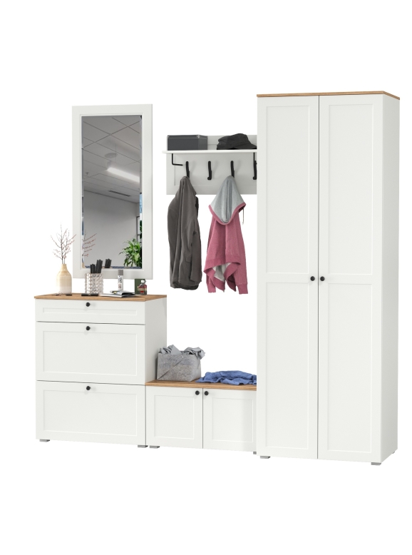 Остин Прихожая 47, цвет белый шагрень/дуб крафт золотой, ШхГхВ 240х54,3х229,6 см., универсальная сборка