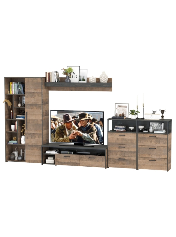 КР100 Трувор Гостиная 103, цвет дуб гранж песочный/интра, ШхГхВ 374,8х45,4х194,20 см., универсальная сборка