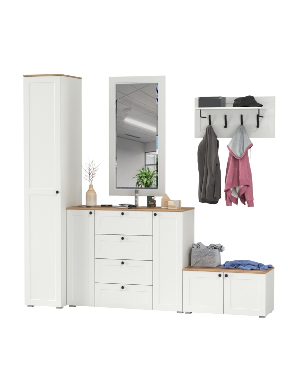 Остин Прихожая 51, цвет белый шагрень/дуб крафт золотой, ШхГхВ 240х54,3х229,6 см., универсальная сборка