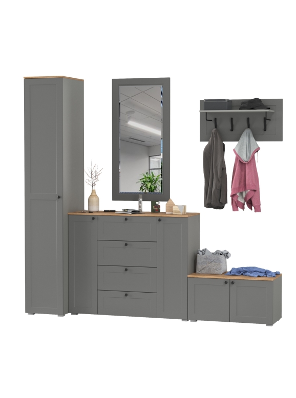 Остин Прихожая 51, цвет серый графит/дуб крафт золотой, ШхГхВ 240х54,3х229,6 см., универсальная сборка