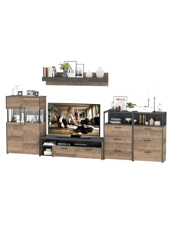 КР100 Трувор Гостиная 109, цвет дуб гранж песочный/интра, ШхГхВ 367,6х45,4х195 см., универсальная сборка