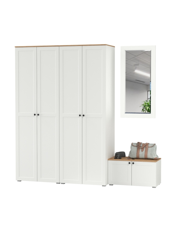 Остин Прихожая 30, цвет белый шагрень/дуб крафт золотой, ШхГхВ 240х54,3х229,6 см., универсальная сборка