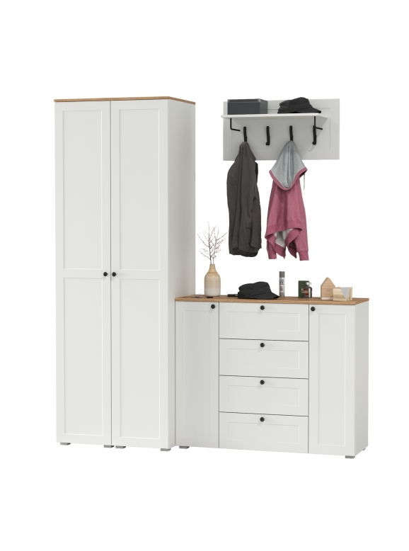 Остин Прихожая 33, цвет белый шагрень/дуб крафт золотой, ШхГхВ 200х54,3х229,6 см., универсальная сборка