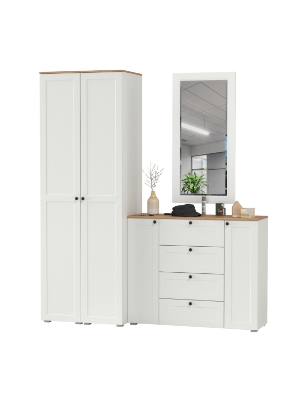 Остин Прихожая 32, цвет белый шагрень/дуб крафт золотой, ШхГхВ 200х54,3х229,6 см., универсальная сборка