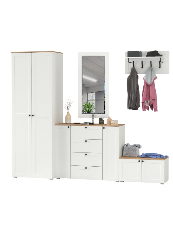 Остин Прихожая 53, цвет белый шагрень/дуб крафт золотой, ШхГхВ 280х54,3х229,6 см., универсальная сборка