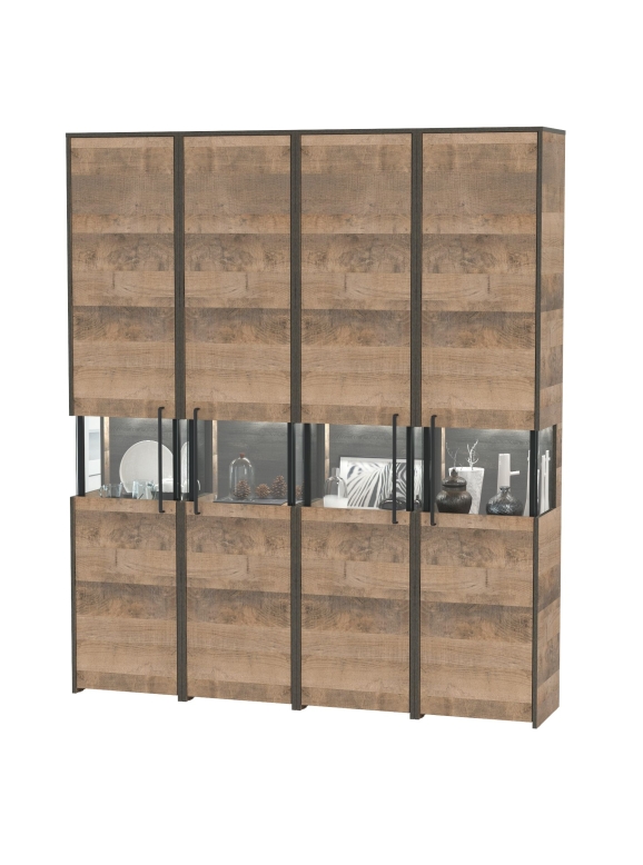 Трувор 13.205 Шкаф-пенал с витриной 4 шт., цвет дуб гранж песочный/интра, ШхГхВ 179,2х37х210 см., есть светодиодная подсветка, универсальная сборка