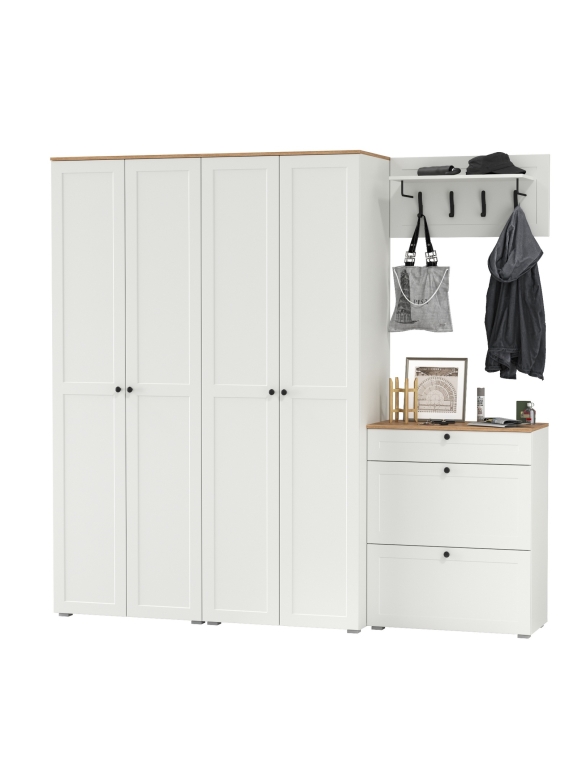 Остин Прихожая 29, цвет белый шагрень/дуб крафт золотой, ШхГхВ 240х54,3х229,6 см., универсальная сборка