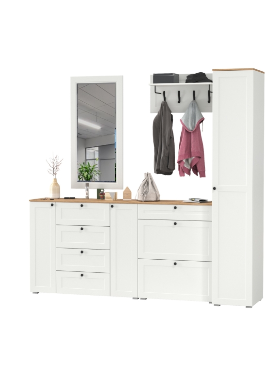 Остин Прихожая 57, цвет белый шагрень/дуб крафт золотой, ШхГхВ 240х54,3х229,6 см., универсальная сборка