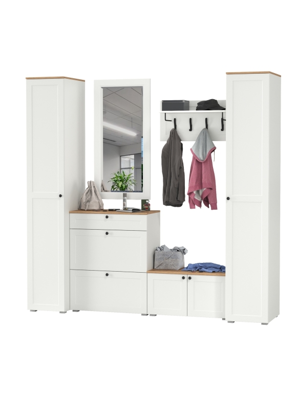 Остин Прихожая 46, цвет белый шагрень/дуб крафт золотой, ШхГхВ 240х54,3х229,6 см., универсальная сборка