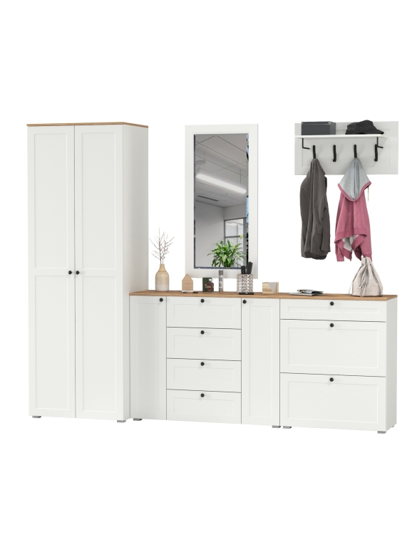 Остин Прихожая 59, цвет белый шагрень/дуб крафт золотой, ШхГхВ 280х54,3х229,6 см., универсальная сборка