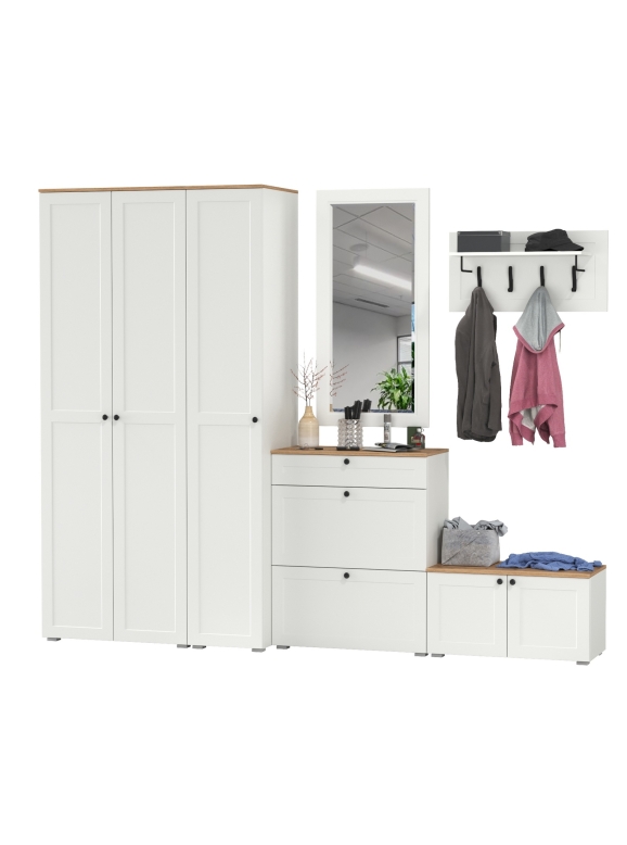 Остин Прихожая 49, цвет белый шагрень/дуб крафт золотой, ШхГхВ 280х54,3х229,6 см., универсальная сборка