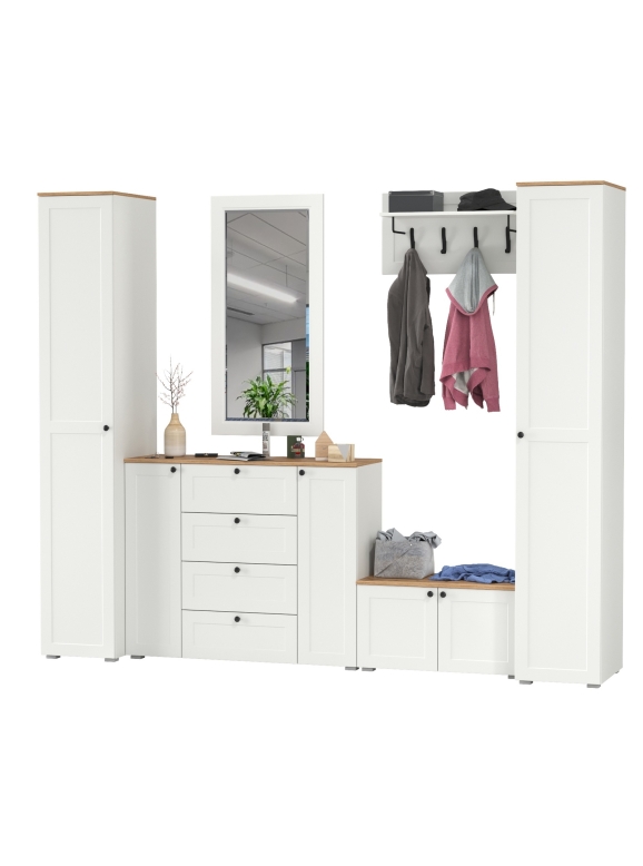 Остин Прихожая 52, цвет белый шагрень/дуб крафт золотой, ШхГхВ 280х54,3х229,6 см., универсальная сборка