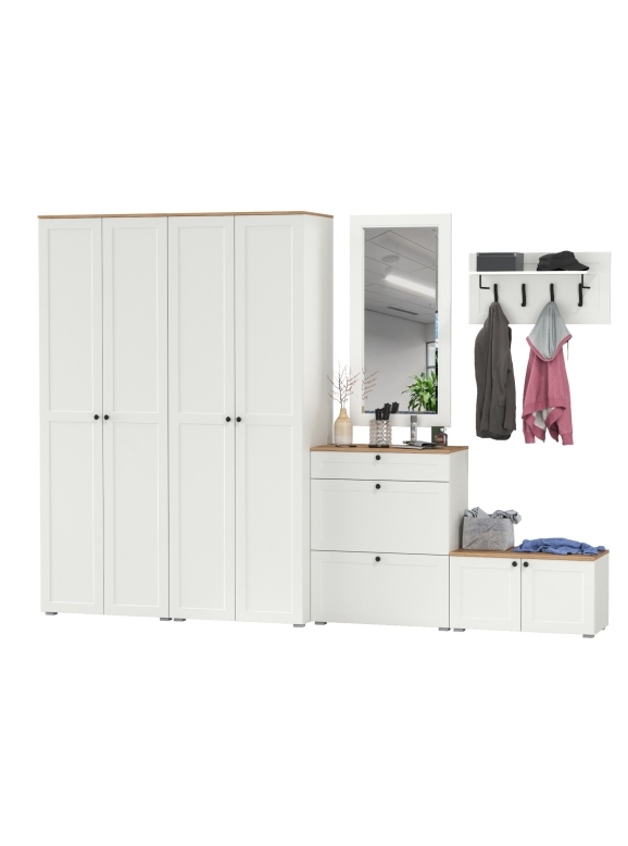 Остин Прихожая 48, цвет белый шагрень/дуб крафт золотой, ШхГхВ 320х54,3х229,6 см., универсальная сборка