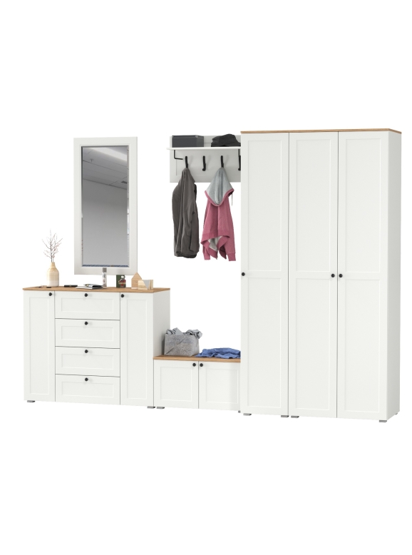 Остин Прихожая 55, цвет белый шагрень/дуб крафт золотой, ШхГхВ 320х54,3х229,6 см., универсальная сборка