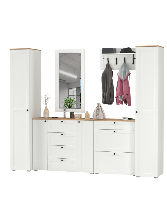 Остин Прихожая 58, цвет белый шагрень/дуб крафт золотой, ШхГхВ 280х54,3х229,6 см., универсальная сборка