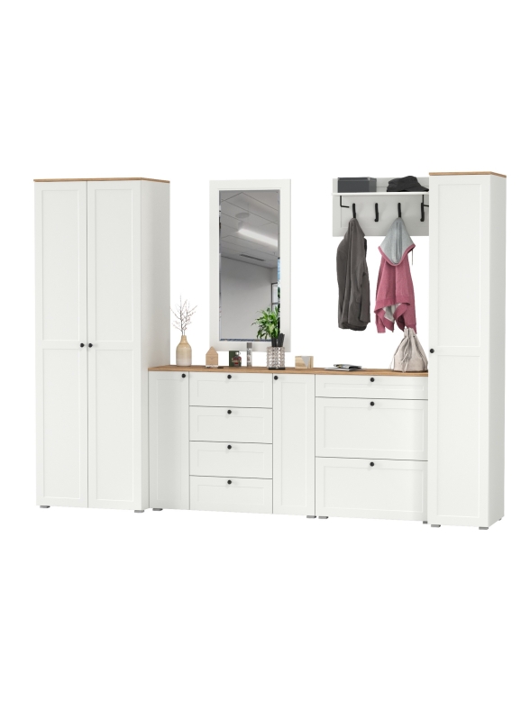 Остин Прихожая 61, цвет белый шагрень/дуб крафт золотой, ШхГхВ 320х54,3х229,6 см., универсальная сборка