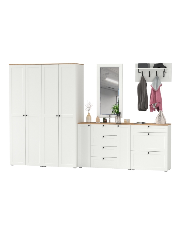 Остин Прихожая 60, цвет белый шагрень/дуб крафт золотой, ШхГхВ 360х54,3х229,6 см., универсальная сборка