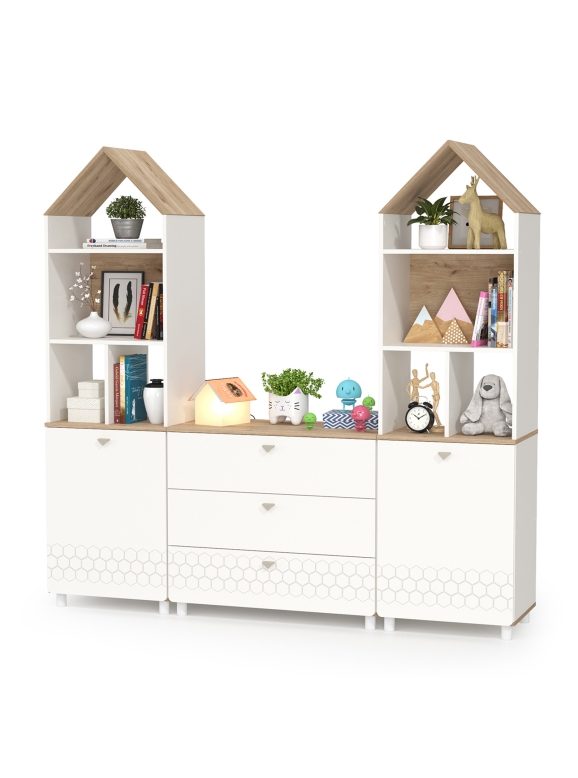 Эйп 13.14 Стеллаж + 13.322 Комод + 13.14 Стеллаж, цвет белый/дуб белый, ШхГхВ 191х41,5х183,8 см., универсальная сборка