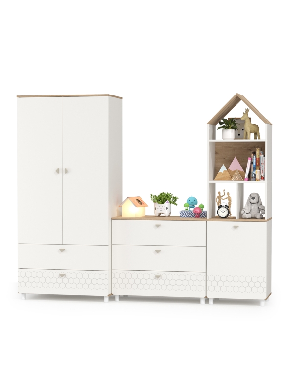 Эйп 13.334 Шкаф для одежды + 13.322 Комод + 13.14 Стеллаж, цвет белый/дуб белый, ШхГхВ 223х51,1х183,8 см., универсальная сборка