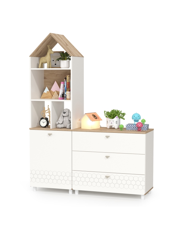 Эйп 13.14 Стеллаж + 13.322 Комод, цвет белый/дуб белый, ШхГхВ 138х41,5х183,8 см., универсальная сборка