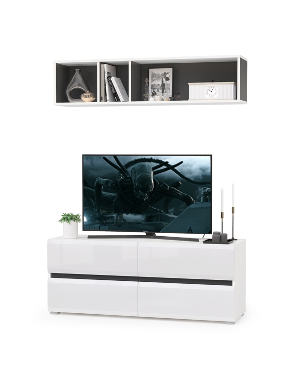 Сидней Комплектация № 001, цвет корпус белый/чёрный/фасады МДФ белый глянец, ШхГхВ 130х41,3х185 см., ниша для ТВ 129х41х100 см., универс. сборка