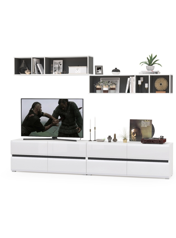 Сидней Комплектация № 002, цвет корпус белый/чёрный/фасады МДФ белый глянец, ШхГхВ 260х41,3х200 см., ниша для ТВ 130х41х100 см., универс. сборка