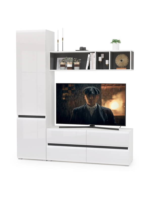 Сидней Комплектация № 004, цвет корпус: белый/чёрный/фасады: МДФ белый глянец, ШхГхВ 179,9х41,3х205,2 см., ниша для ТВ 129х41х98 см., универс. сборка